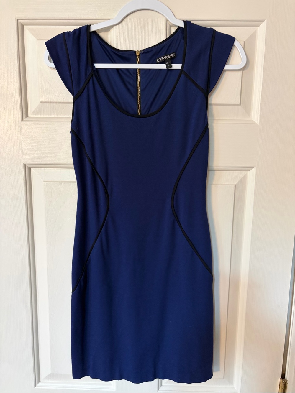 Express Navy Blue Cap Sleeve Sheath Dress with Black Piping